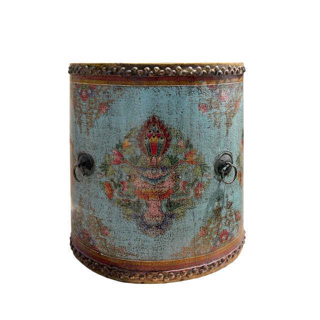 Distressed Chinese Tibetan Drum Shape Light Blue Floral Side Table Chairish