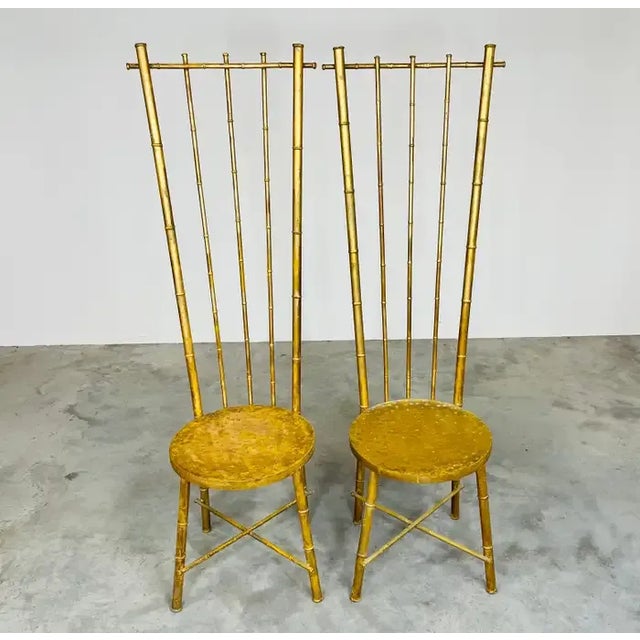 Vintage Pair of Hollywood Regency Gold Gilt Metal Faux Bamboo High Back Chairs For Sale - Image 9 of 10