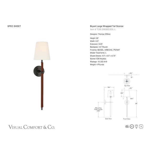 2020s Thomas O'Brien for Visual Comfort Signature Bryant Large Wrapped Tail Sconce in Bronze and Saddle Leather with Linen Shade For Sale - Image 5 of 6