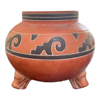 Vintage Leopoldo De Mexico Aztec Red Clay Pottery Pot or Vase For Sale
