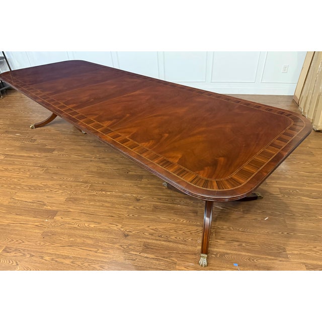 Traditional Multi-Banded Double Pedestal Mahogany Dining Table by Leighton Hall - Showroom Sample For Sale - Image 9 of 18