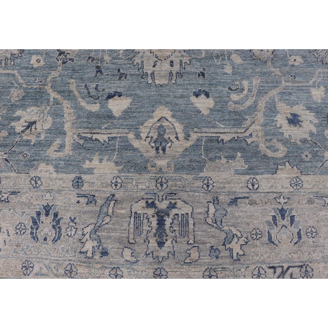 2020s Turkish Angora Oushak Rug in Dusty Blue Background and Silver Border 9'2 X 11'7 For Sale - Image 5 of 11