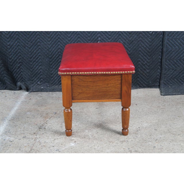Red Mid 20th Century Mid Century American Country Oak Leather Nailhead Footstool Ottoman Compartment For Sale - Image 8 of 13