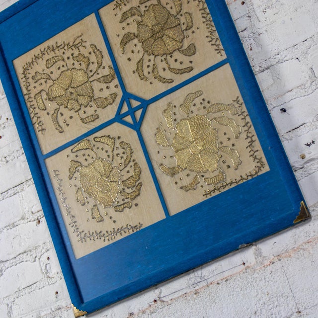 19th to 20th Century Textile Wall Art Metallic Gold Embroidered Panel on Linen Blue Silk Frame Manner of Turkish Ottoman For Sale - Image 15 of 18