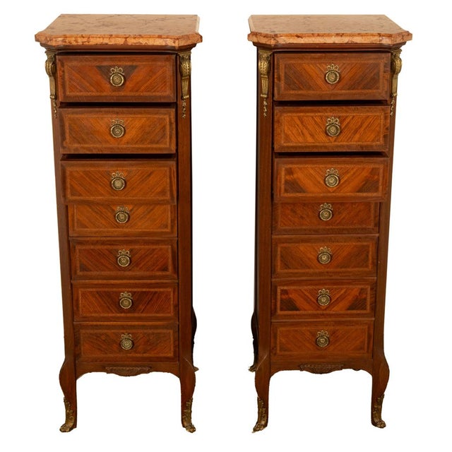 Brown Pair Antique French Semainier Ormolu Inlaid Lingerie Marble Chests Dressers 1900 For Sale - Image 8 of 18