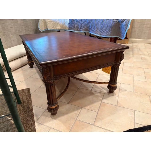 Traditional Lexington Leather Wrapped Rectangle Cocktail Table, 3 Drawers, Wood, Brass & Metal Stretcher For Sale - Image 3 of 4