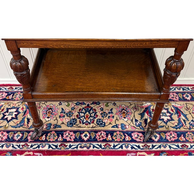 Wood Antique English Trolley Tea Cart Pastry Cocktail Bar Cart Tray Tudor Oak 1930s 2 For Sale - Image 7 of 18