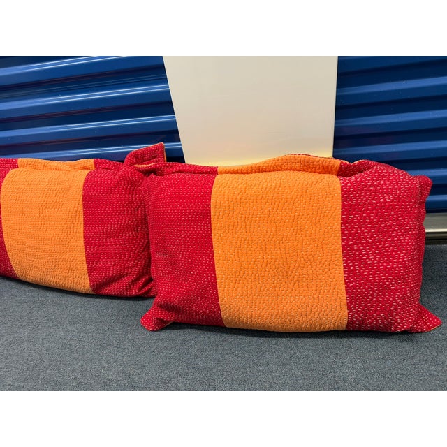 Abstract Marimekko Style Pillow Shams – Modern Red & Orange Striped Quilted Covers For Sale - Image 3 of 6
