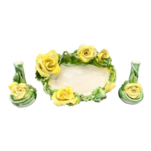 Vintage Ceramic Yellow Rose Tray and Bud Vases - Set of 3