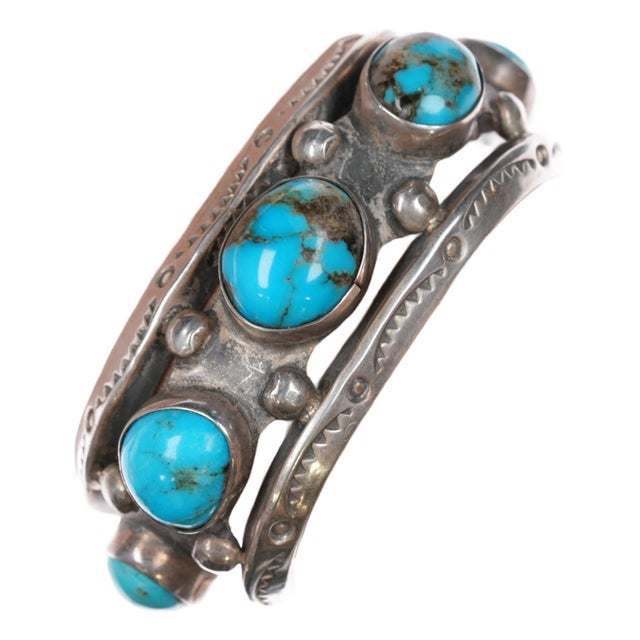 6.25" Vintage Navajo hand stamped heavy sterling/turquoise row cuff bracelet For Sale