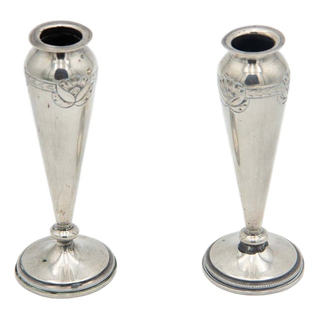 Silver Vases with Floral Reliefs, Set of 2 For Sale
