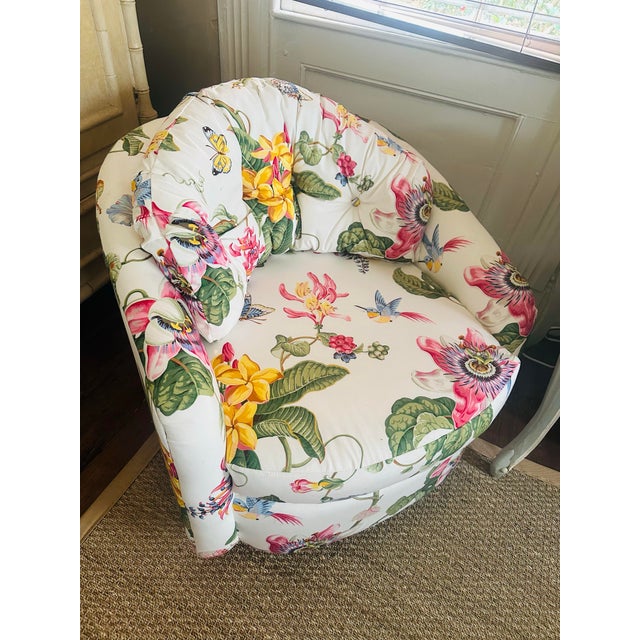 Textile Vintage Swivel Chair Reupholstered in Brunswick and Fils Fabric For Sale - Image 7 of 8