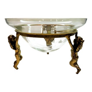 Vintage Clear Hand-Blown Glass Tazza Bowl With Cherub Gilt Metal Centerpiece Tabletop Stand For Sale