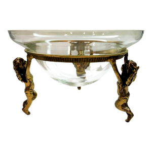 Vintage Clear Hand-Blown Glass Tazza Bowl With Cherub Gilt Metal Centerpiece Tabletop Stand
