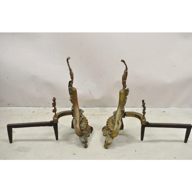 Early 20th Century French Rococo Baroque Style Brass Leafy Acanthus Andirons - a Pair For Sale - Image 10 of 12