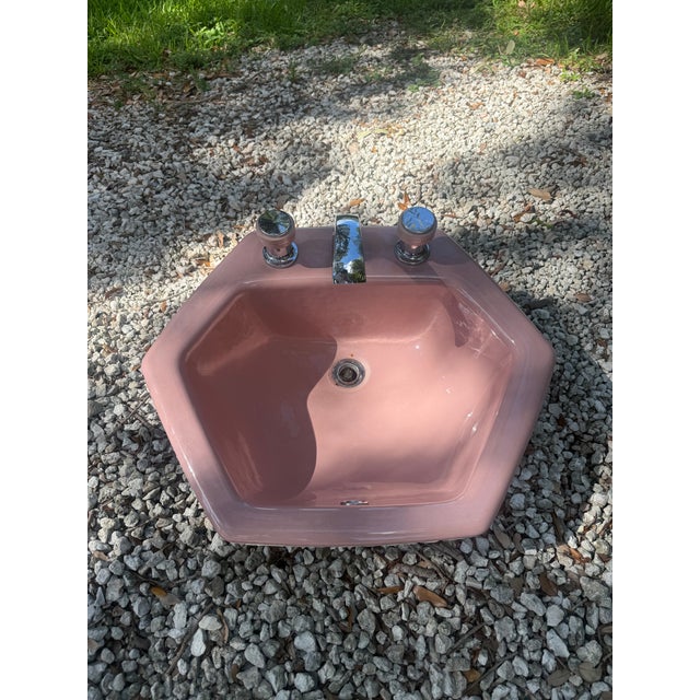 Vintage Kohler K-2930 Hexsign Hexagon Sink in Wild Rose Pink With Original Faucets For Sale In Miami - Image 6 of 14