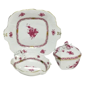 Chinese Bouquet Raspberry Porcelain Box, Dish and Cake Plate from Herend Hungary, Set of 3