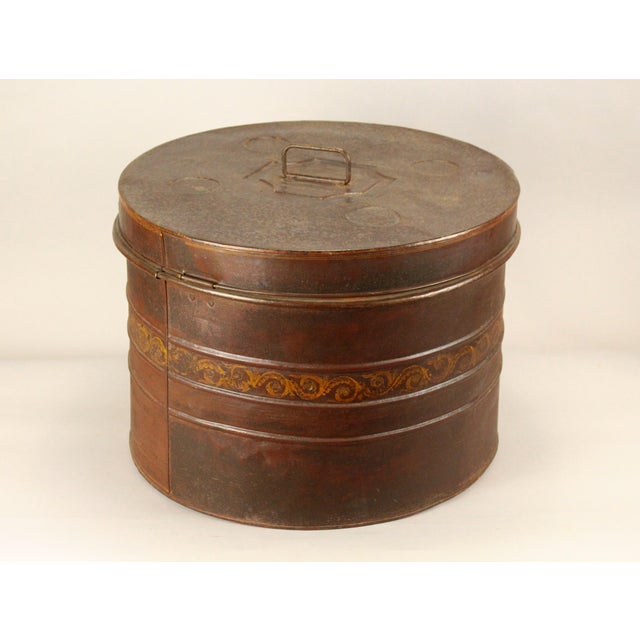 Victorian 19th C. Victorian Tin Tole X-Large Hat Box W Lock 23" X 16.5" For Sale - Image 3 of 17