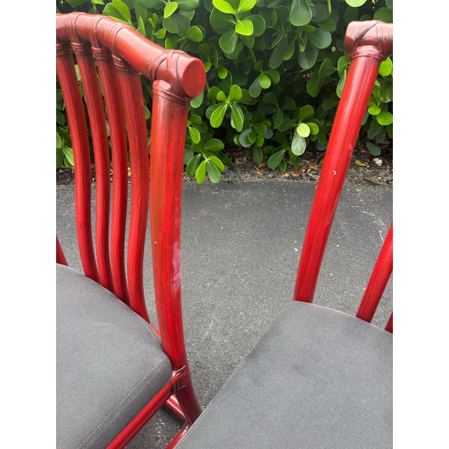 Red Vintage McGuire Red Rattan Chinese Officials Hat Dining Chairs, Set of 6 For Sale - Image 8 of 9