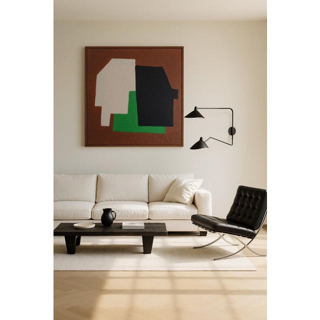 “Linked Forms” explores the subtle tension between structure and void through bold geometric abstraction. Against a deep,...