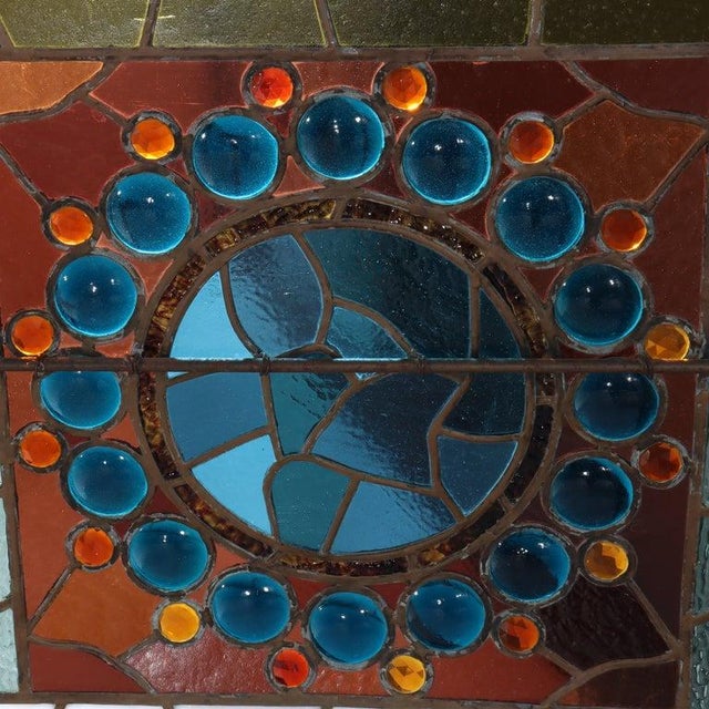 Traditional Antique Aesthetic Stained & Jeweled Leaded Glass Window With Stylized Globe For Sale - Image 3 of 16