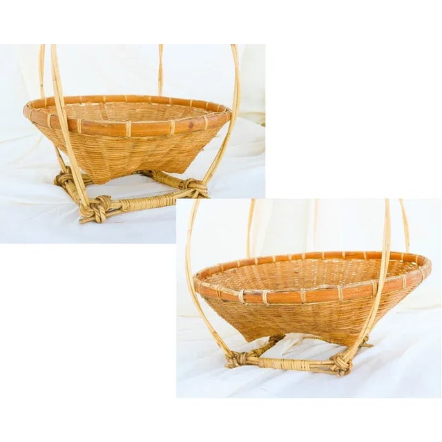 1970s Extra Large Indonesian Wabi Sabi Tropical Carrying Pole With Baskets Handwoven Rattan Bamboo Shoulder Yoke For Sale - Image 5 of 11