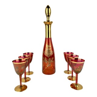Art Nouveau Austrian Ruby & 24k Gold Etched Wine Glasses and Decanter, Set of 7 For Sale
