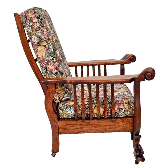 Antique Arts & Crafts Tiger Oak Morris Recliner Chair With Push Button Mechanism c.1900 For Sale In Los Angeles - Image 6 of 18