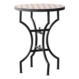 Matthew Izzo Home 24" Round Yellow and White Striped Moroccan Zellige Tile Bistro Table on Iron X Base For Sale