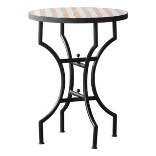 Matthew Izzo Home Moroccan Zellige Yellow and White Striped Tile and Iron X Base 24" Round Bistro Table For Sale