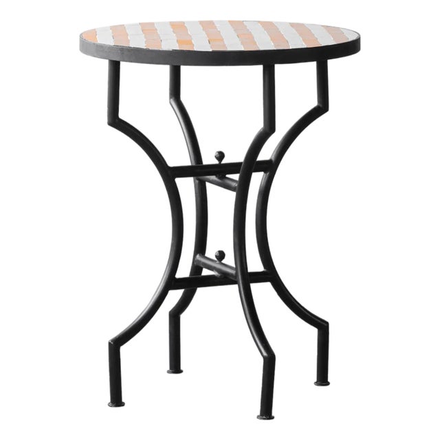 Matthew Izzo Home Moroccan Zellige Yellow and White Striped Tile and Iron X Base 24" Round Bistro Table For Sale