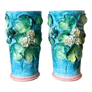 Vintage Italian Lilypad Majolica Vase - A Pair For Sale