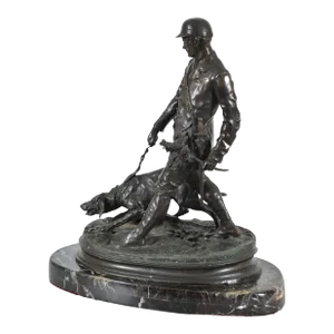 After Pierre Jules Mene. "The Bloodhound Handler". Patinated Bronze Sculpture. Signed and Dated 1879 on Base.