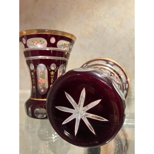 Brown Antique Bohemian Amber Glass Goblets with Hand-Painted Floral Decoration, Set of 2 For Sale - Image 8 of 10