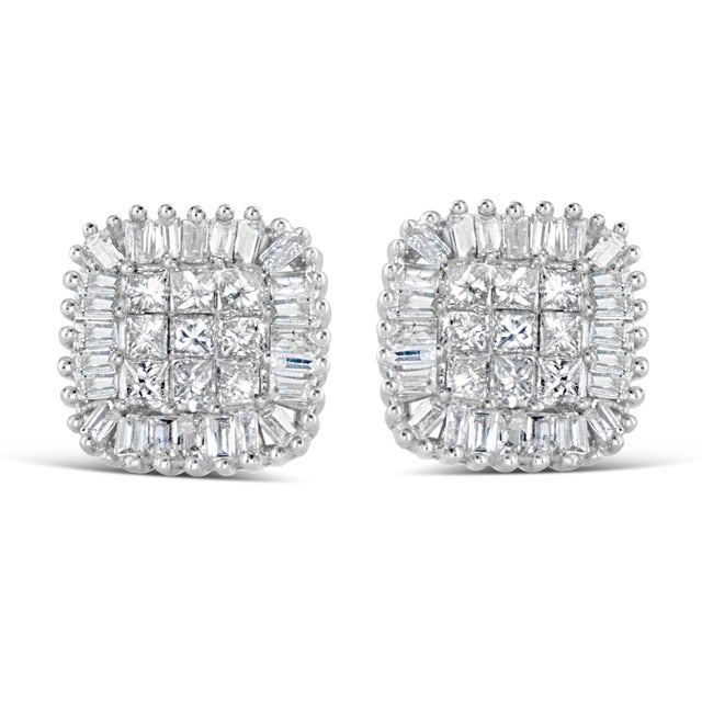 From the princess cut diamonds to the baguette diamonds that line the edges, these stud earrings radiate sparkle. The...