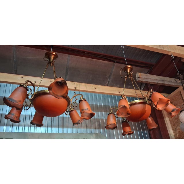 Art Nouveau Chandeliers in Bronze and Orange Glass Paste, 1950s, Set of 2 For Sale - Image 3 of 9