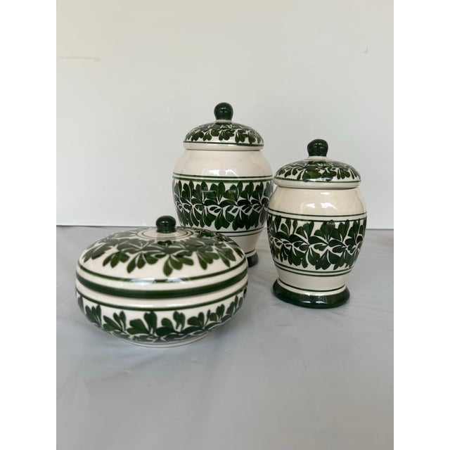 Vintage ceramic, Mexican folk art vanity set. Hand painted with dark green ivy like leaf pattern on an off white glazed...