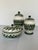 Vintage ceramic, Mexican folk art vanity set. Hand painted with dark green ivy like leaf pattern on an off white glazed...