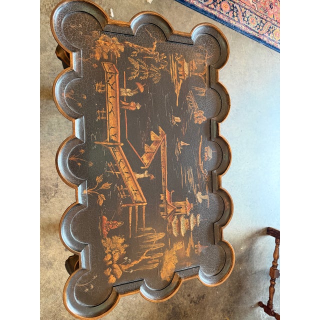 Queen Anne Vintage English Queen Anne Chinoiserie Black Lacquer Table For Sale - Image 3 of 8