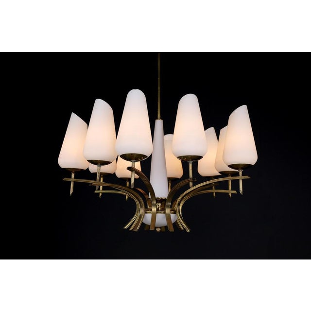 Mid-Century Modern Brass and Opaline Glass Chandelier, France, 1950s For Sale - Image 10 of 15