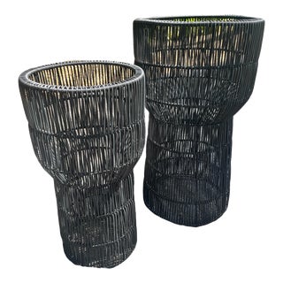 Vintage Black Rubber Knot Hourglass Outdoor Planters - Set of 2 For Sale