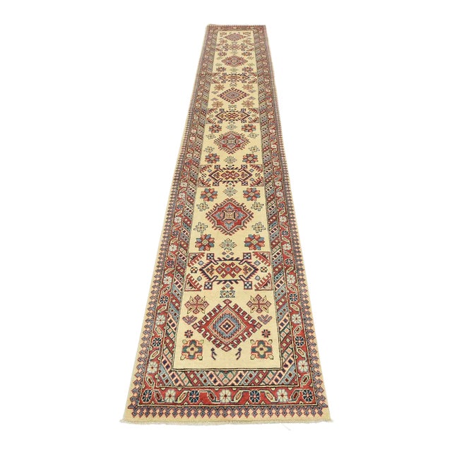 Kazak Runner 2’9” X 15′ Beige Wool Tribal Hand-Knotted Oriental Rug For Sale