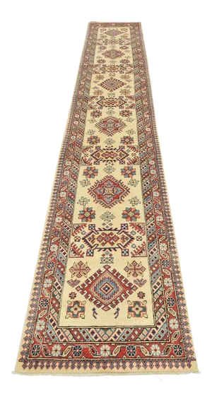 Kazak Runner 2’9” X 15′ Beige Wool Tribal Hand-Knotted Oriental Rug