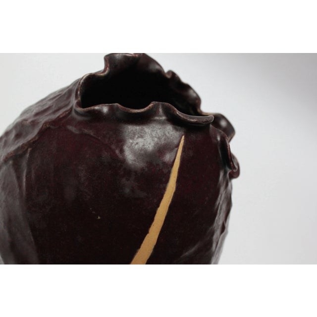 Burgundy Vintage Matte-Glaze Cordovan Crimped Ceramic Vase For Sale - Image 8 of 13