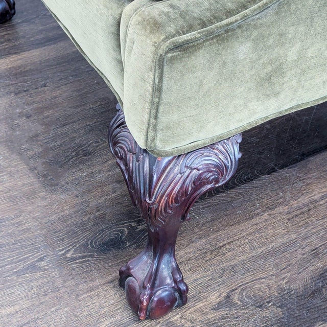 1990s Thomasville Olive Green Tufted Lounge Chair With Carved Wooden Legs For Sale - Image 9 of 10
