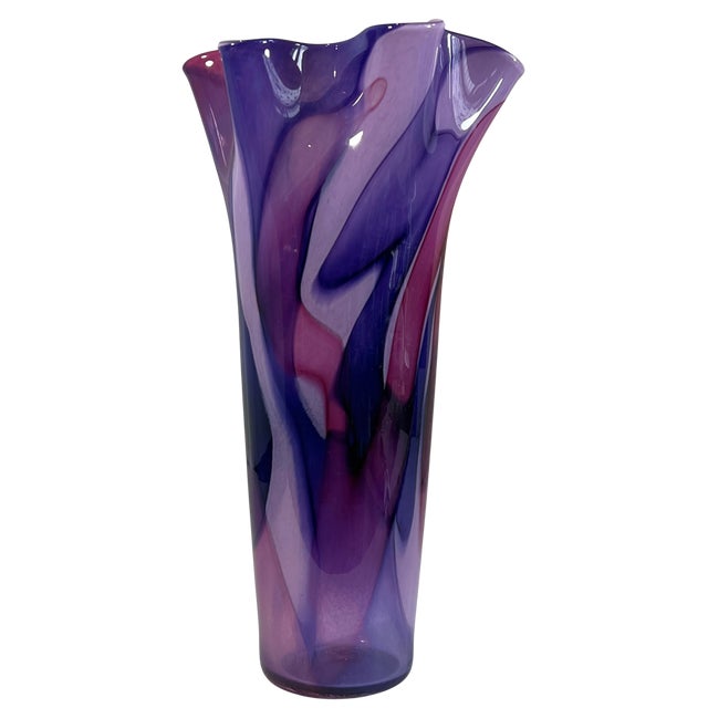 Murano 12/ 1/4 In. Tall Signed Purple Swirl Fazzoletto Lip Studio Art Glass Vase For Sale - Image 4 of 13
