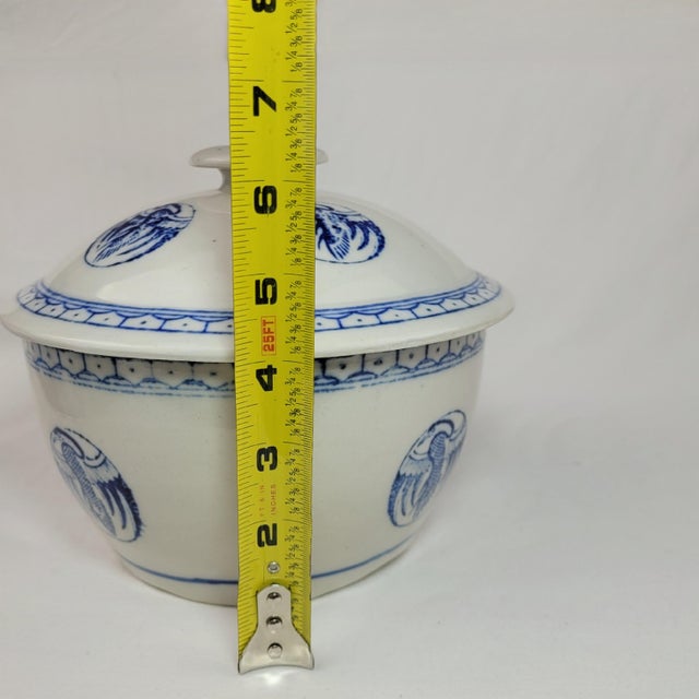 Vintage Blue and White Ceramic Lidded Bowl Crane Medallion Chinoiserie China For Sale - Image 13 of 13