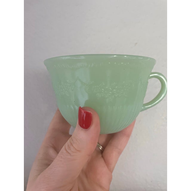 Glass Vintage 1940’s Jadeite Pair “Alice” Floral Green Milk Glass Teacups With Plates! - 4pcs For Sale - Image 7 of 11