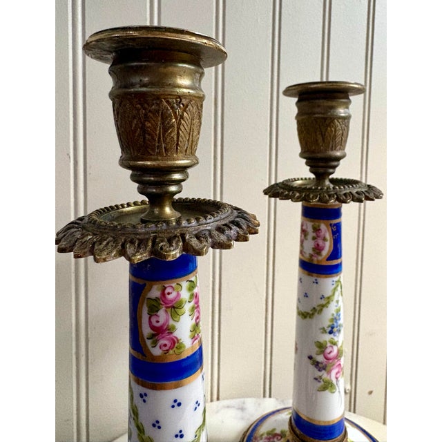 Antique L.P. Paris Sèvres-Style Porcelain & Bronze Hand-Painted Candlesticks -stamped “L.P. Paris” on bottom washer...