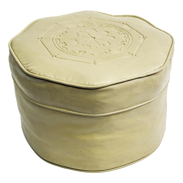 Vintage MCM 1970s Moroccan Revival Octagonal Camel Vinyl Ottoman Foot Stool For Sale